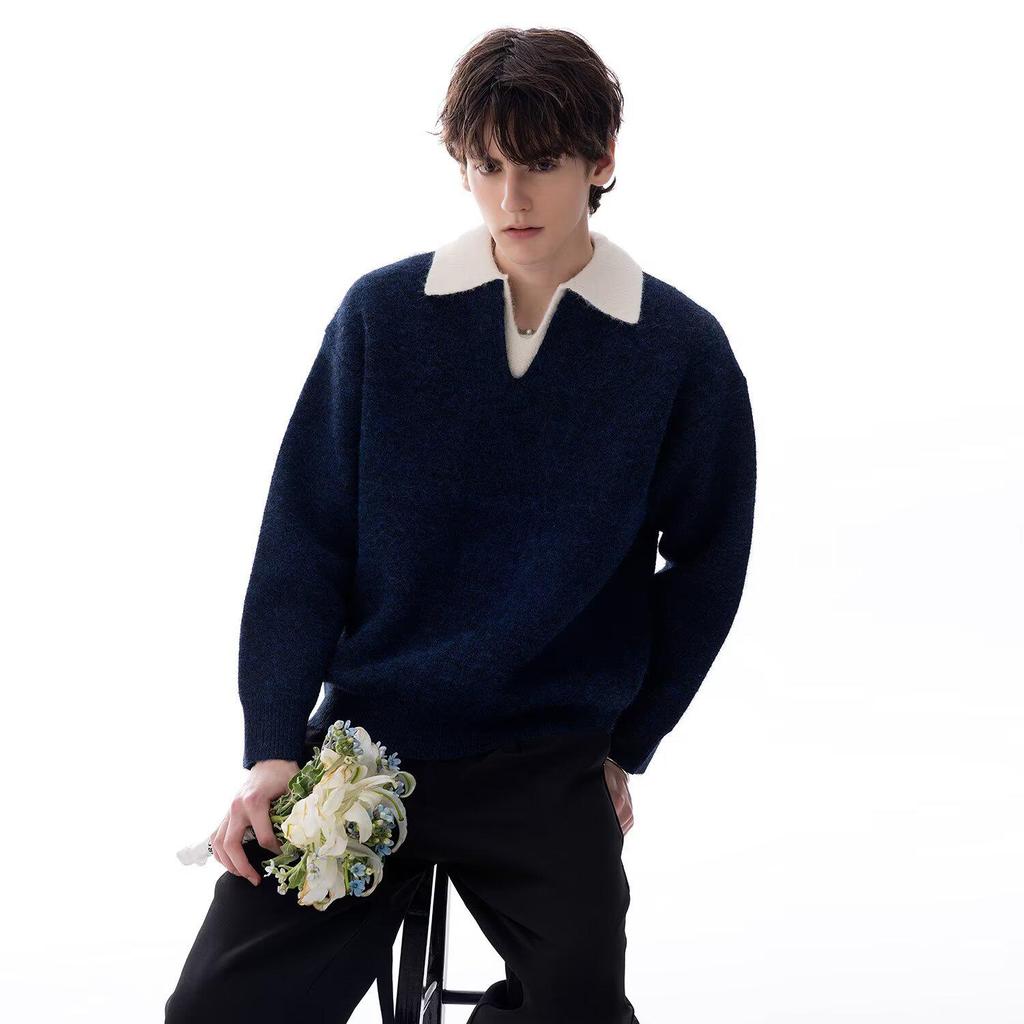 Unisex British-Style Heavyweight Sweater: Two-Piece Look, Lapel Design, Trendy and Versatile for Autumn/Winter.