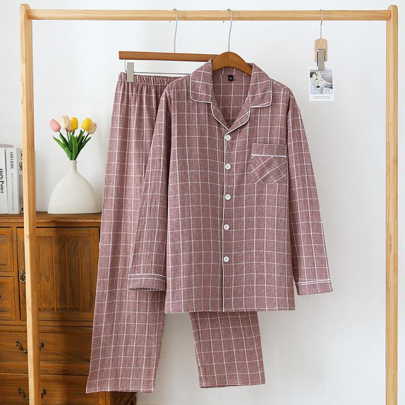 Men's Cotton Pajama Set Nightwear Long Sleeve Tops Pants Pajama Sets Soft Plaid 2 Piece Button Down Lounge Set for Men Lapel Comfortable Sleepwear