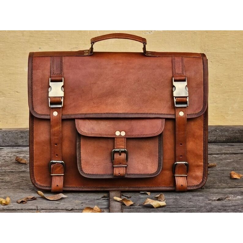 

Натуральная винтажная коричневая кожаная сумка через плечо для ноутбука, портфель 18 x 14 x 6 in