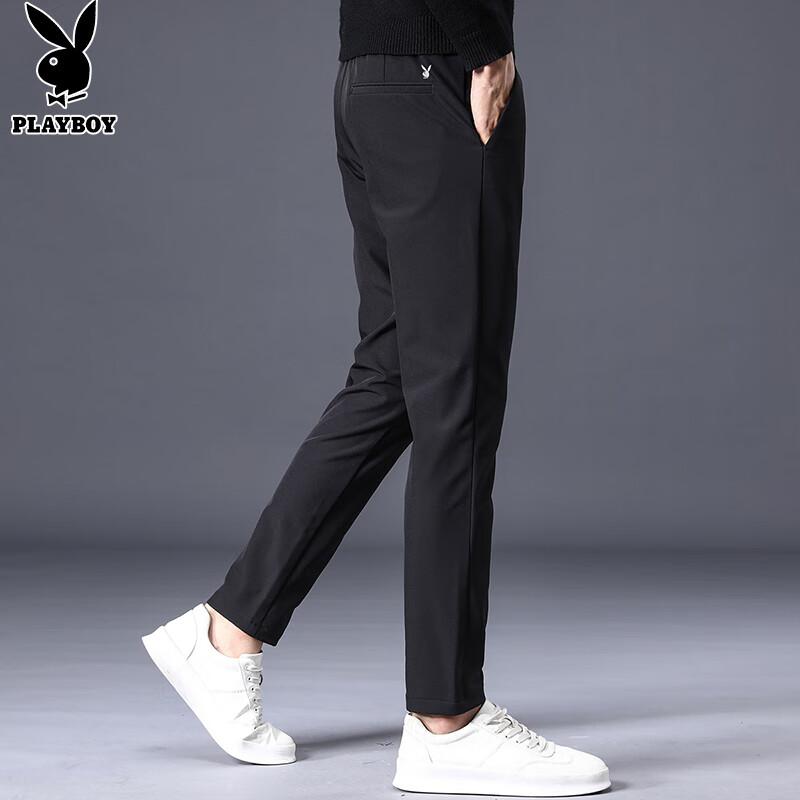 PLAYBOY Casual Pants for Men, Spring And Summer Trousers, Business Slim-Fit Trendy Elastic Long Pants, Black, Size 29