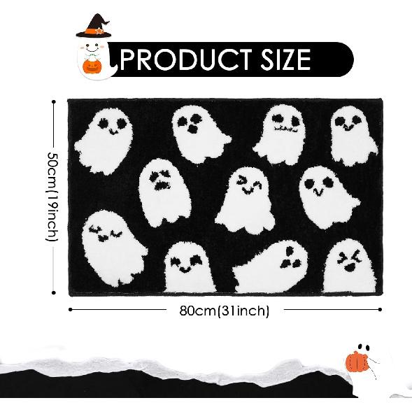 Halloween Bathroom Rug Spooky Black White Ghost Bath Mat for Halloween Bathroom Decor Non-Slip Washable Ghost Bath Rug for Front Doormat, Bedroom Rug