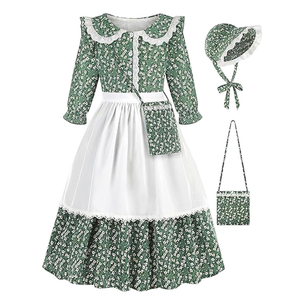 Girl Clothing Girl Colonial Clothing Children's Flowers Grassland Dress With Apron, Hat And Backpack