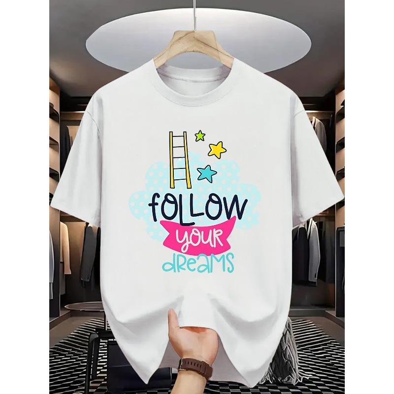 European Size Men s Motivational  Follow Your Dreams  Graphic T-Shirt - Colorful Star & Cloud Print, Casual Short Sleeve Round Neck Tee, Summer Top 2XL белый