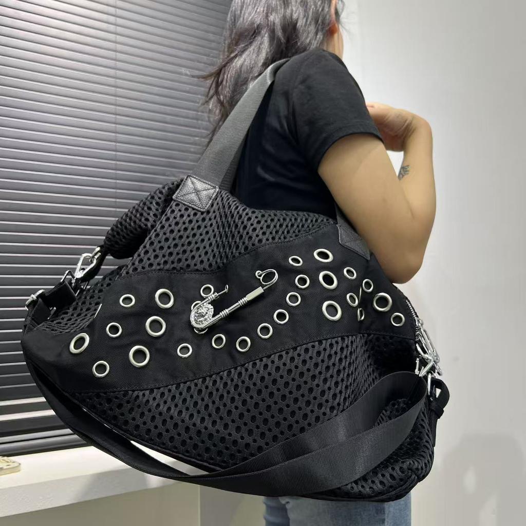 Women'S Personalized Mesh Oversized Tote Bag Large Pin Rivet Ring Shoulder Bag