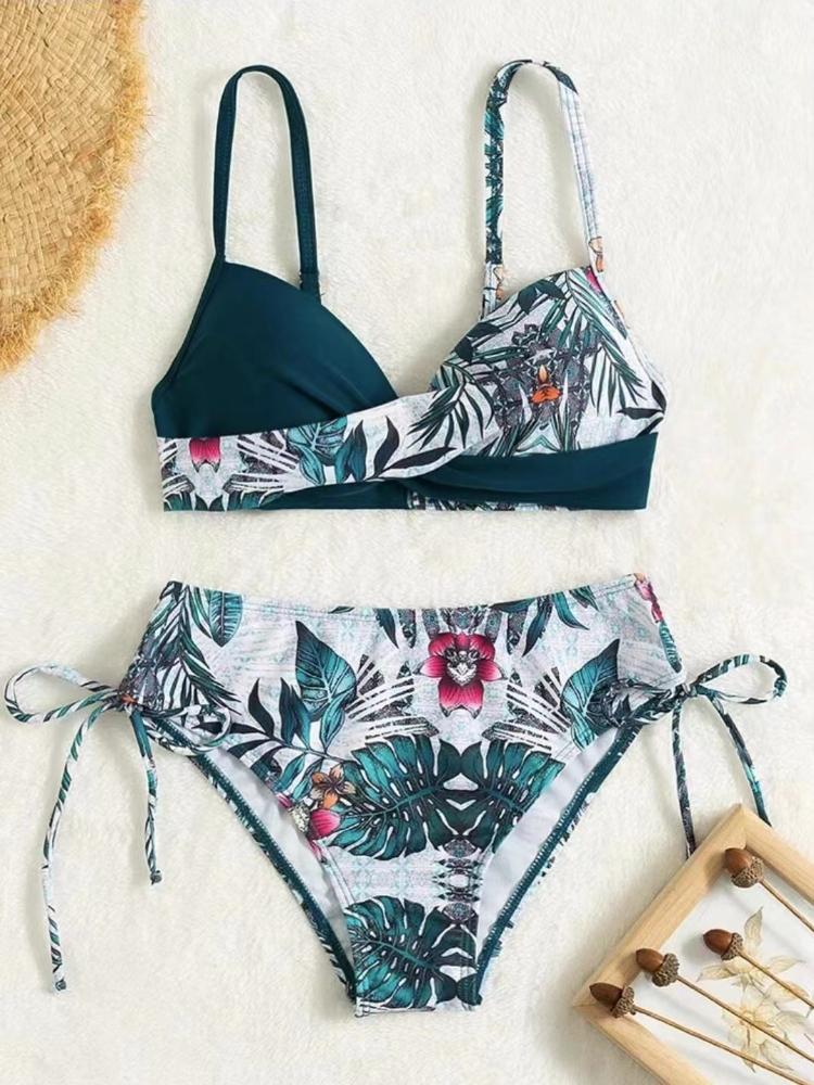 Printed Multicolor Drawstring Backless Swimsuit Beach Gathered Sexy Split Steel Bracket Hard Bag Bikini Set Girl