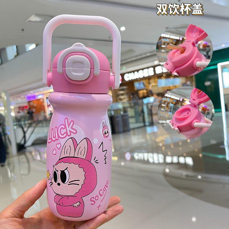 Детская термокружка для школьников, с крышкой-поилкой и трубочкой, двойные стенки, стильная, портативный чайник 500-ml