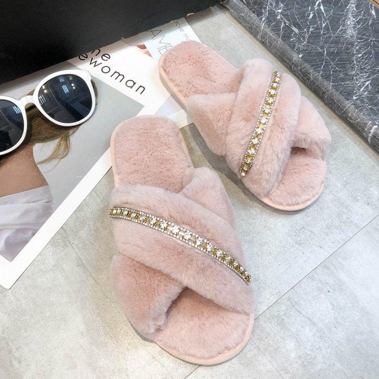 Mao Mao Slippers Cross Chain 2020 Autumn and Winter New Korean Version Flat Bottom Warm Indoor Cotton Mop Fashion Plush Shoes