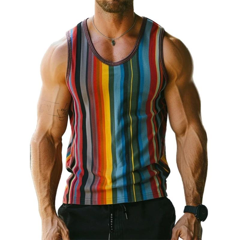 

Summer Round Neck 3D Simple Stripe Pattern Printed Top Fashionable Casual Sleeveless Vest Men s T-shirts XS