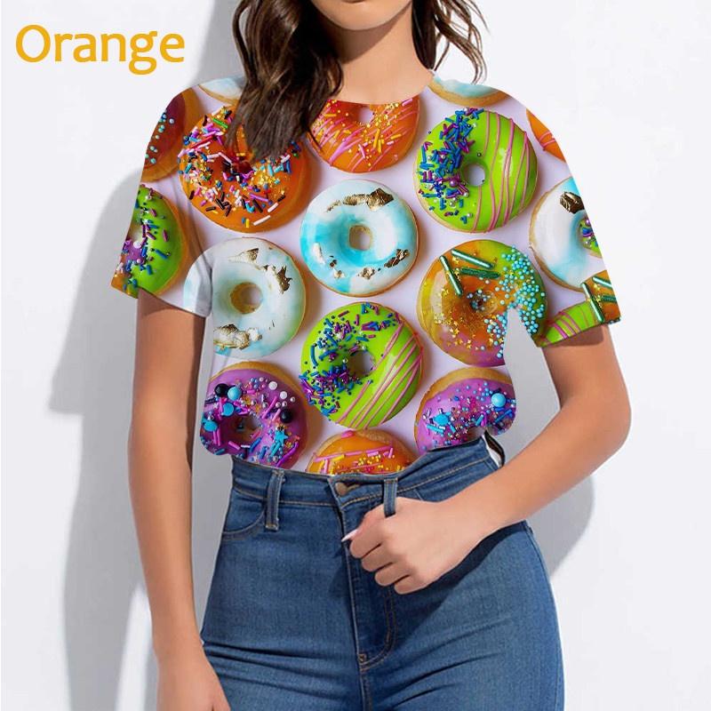 Summer Fashion Women's Casual T-shirt 3D Chocolate Donut Print Food Bread Funny Short Sleeve Short Sleeve Tops