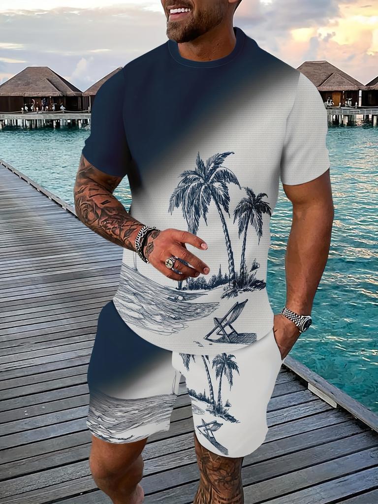 Hawaiian Style 3D Printed Men's T-shirt And Shorts Set Summer Everyday Men's Short Sleeves Outdoor Beach Men's Casual Shorts