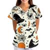 Damen Halloween Print V-Ausschnitt Kurzarm Kasack mit Taschen Lockerer Schnitt