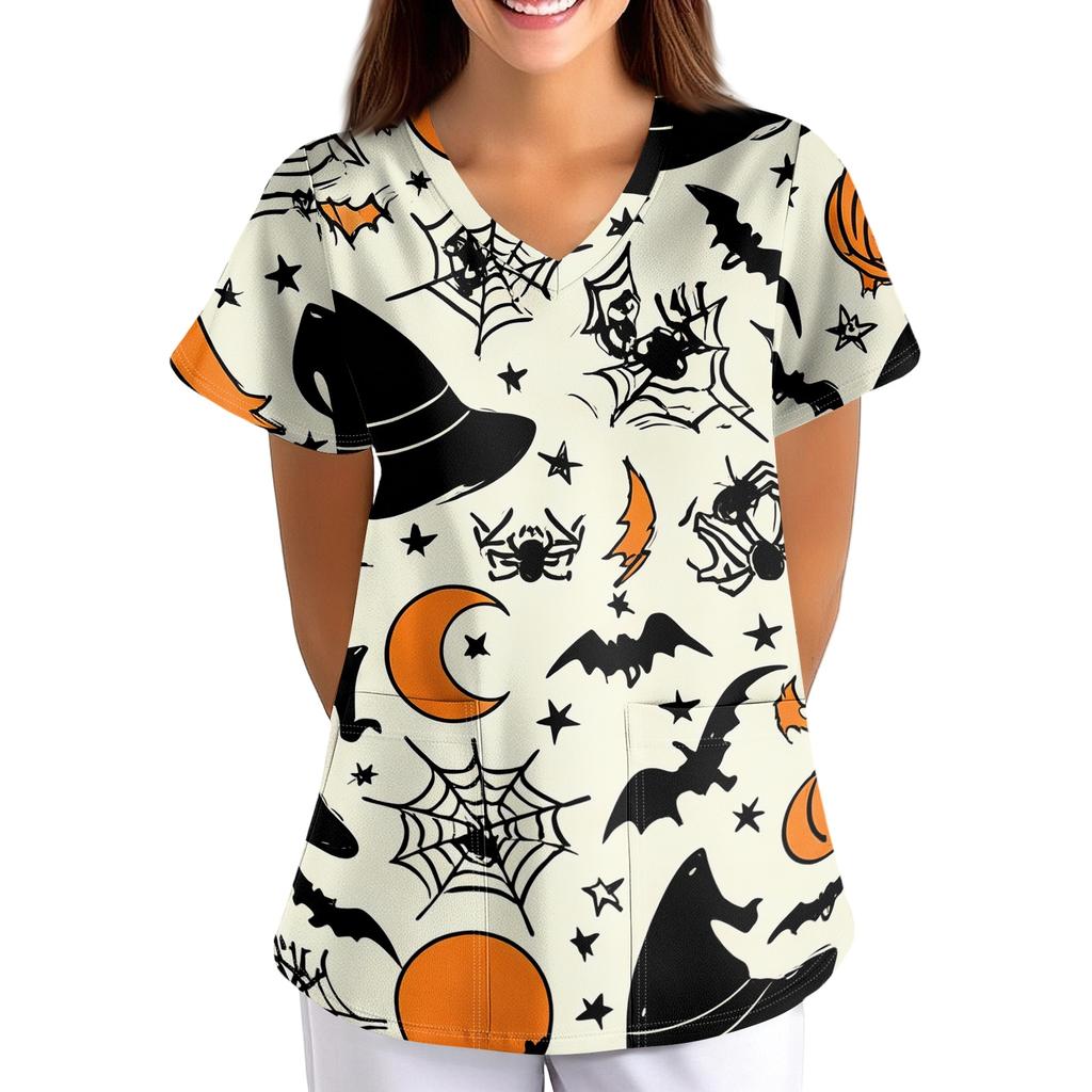 Damen Halloween Print V-Ausschnitt Kurzarm Kasack mit Taschen Lockerer Schnitt