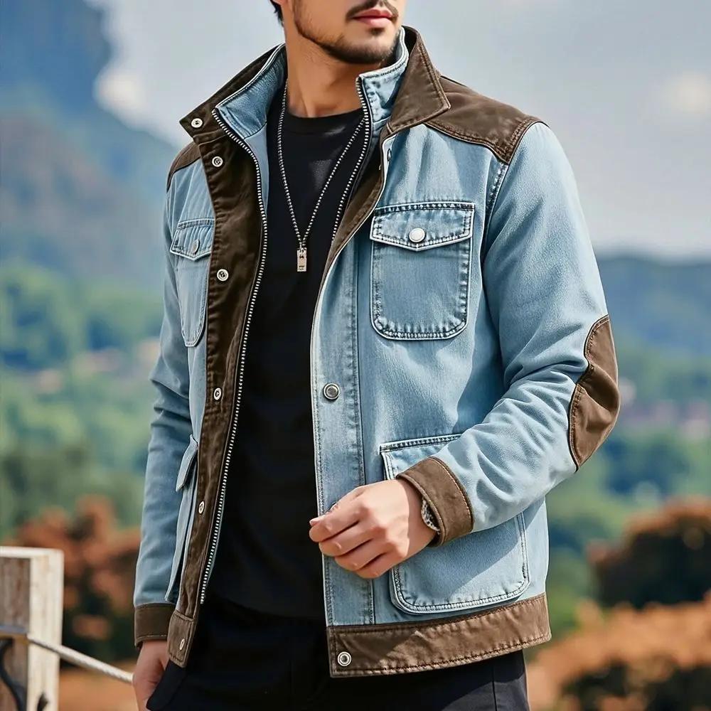Spring Autumn Men's Multi Pocket Denim Jacket Fashion Patchwork Casual Outerwear Coat Men