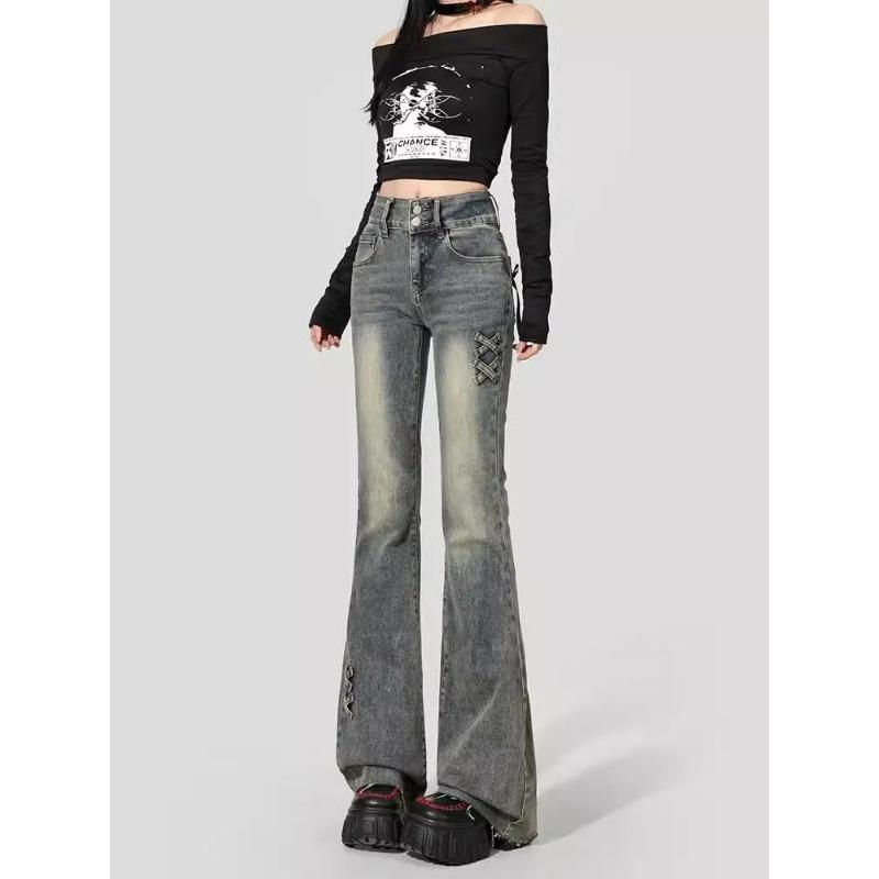 

Womens Cross Strap Decor Flared Leg Jeans S