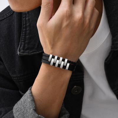 Mens Leather Bracelets,Stylish Stainless Steel 3 Layer Black Bracelets,New Fashion Jewelry Gift for Father Dad Husband BFF Son