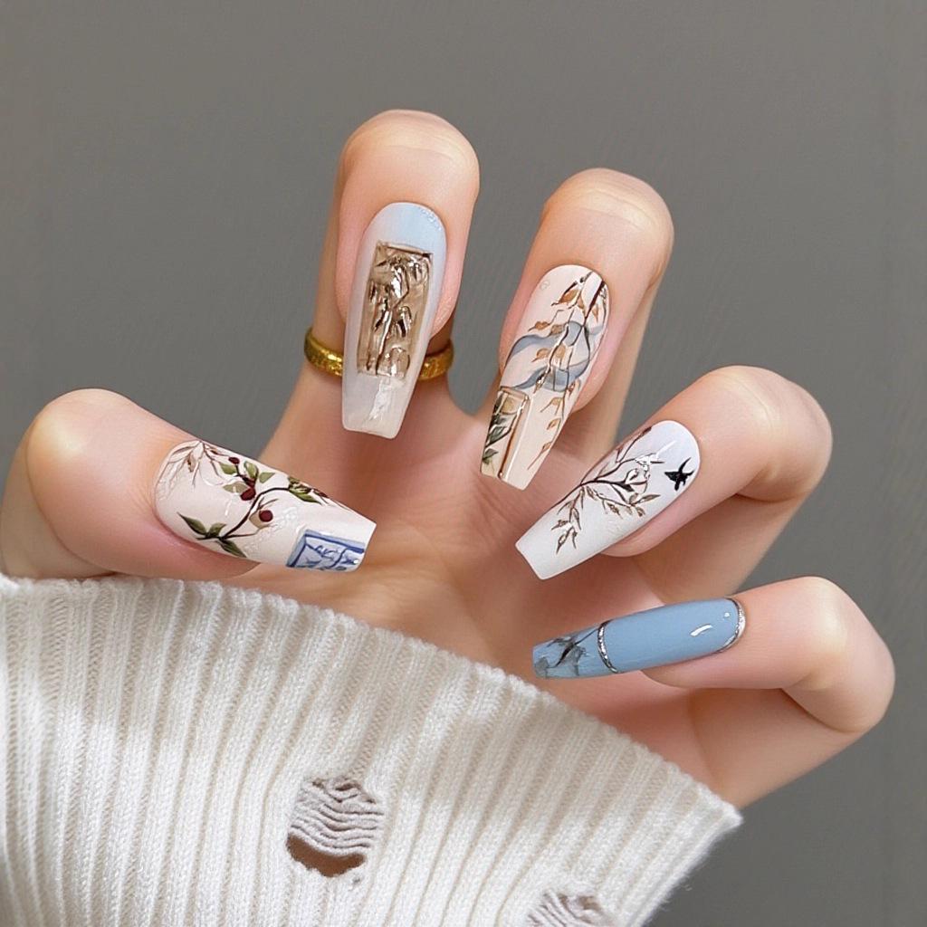 Chinese Ink Wash Floral and Bird Design Long Pointed False Nails – Gentle and Elegant Style