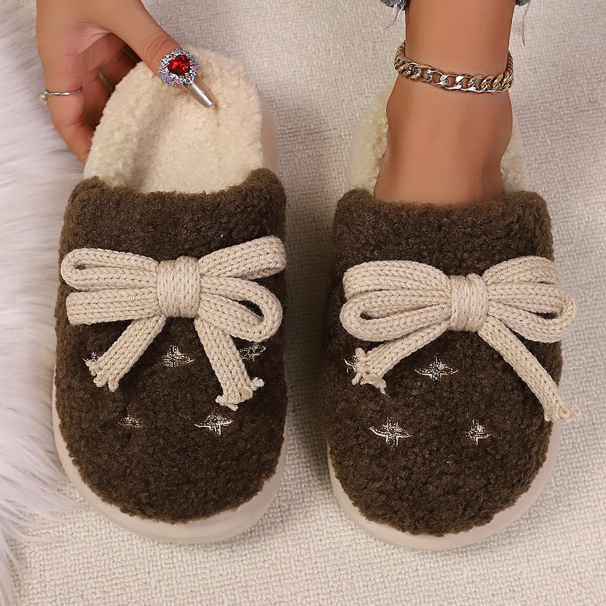 

Sweet Bowknot Furry Comfort Indoor Slippers Women 2026 Winter Soft Non Slip Eva Slippers with Platform Warm Fluffy Fur Shoes 36-37 коричневый