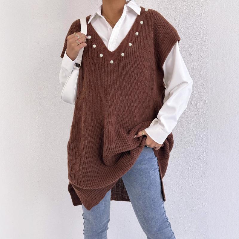 Women's Sweater Loose Large Tank Top Deep V Beaded Sweater Vest Does Not Include Belt