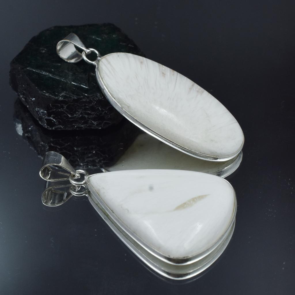 Oval-Pear Cut 100 Ct Scolecite Pendant Healing Stone 925 Silver Gemstone Pair AR-1767-S