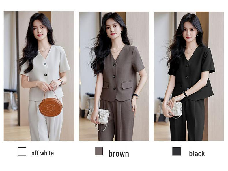 Dámské béžové sako petite: Letní 2024 High-End Krátký Módní Oblek