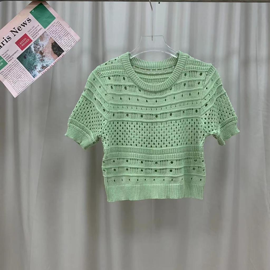 Design Printemps Été Sens du Design Creux Manches Bouffantes Style Étranger Pull Court en Maille Fin Polyvalent Col Rond Hauts Pulls Décontractés pour Femmes T-shirts