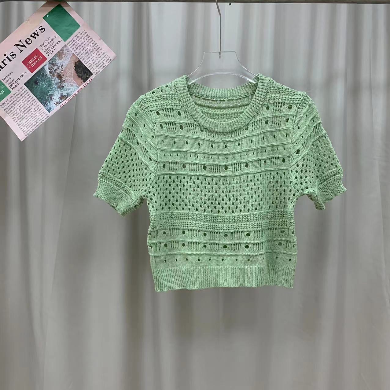 

Весняно-літній дизайн з порожнистим рукавом з іноземним газом і міхуром, коротка в язана сорочка тонка універсальна кругла шия топи жіночі повсякденні светри футболки One Size зелений