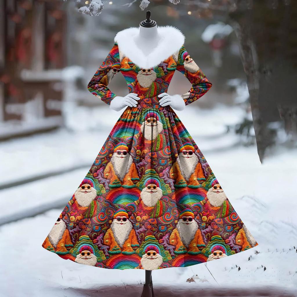 Women's Casual Dress Long-Sleeve V-Neck Patchwork Fleece Christmas Print Dress