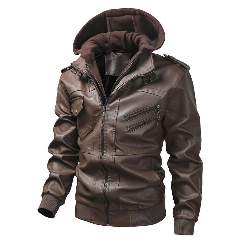 Hooded Leather Jacket Men's Fashion Trend Locomotive PU Leather Jacket Large Size Youth Jacket Hat Removable Casual Jacket