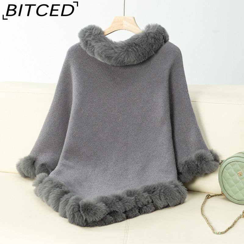 BITCED Solid Colour Wool-Trimmed Pullover for Women Autumn/Winter Thick Vintage Check Knitted Cape Shawl