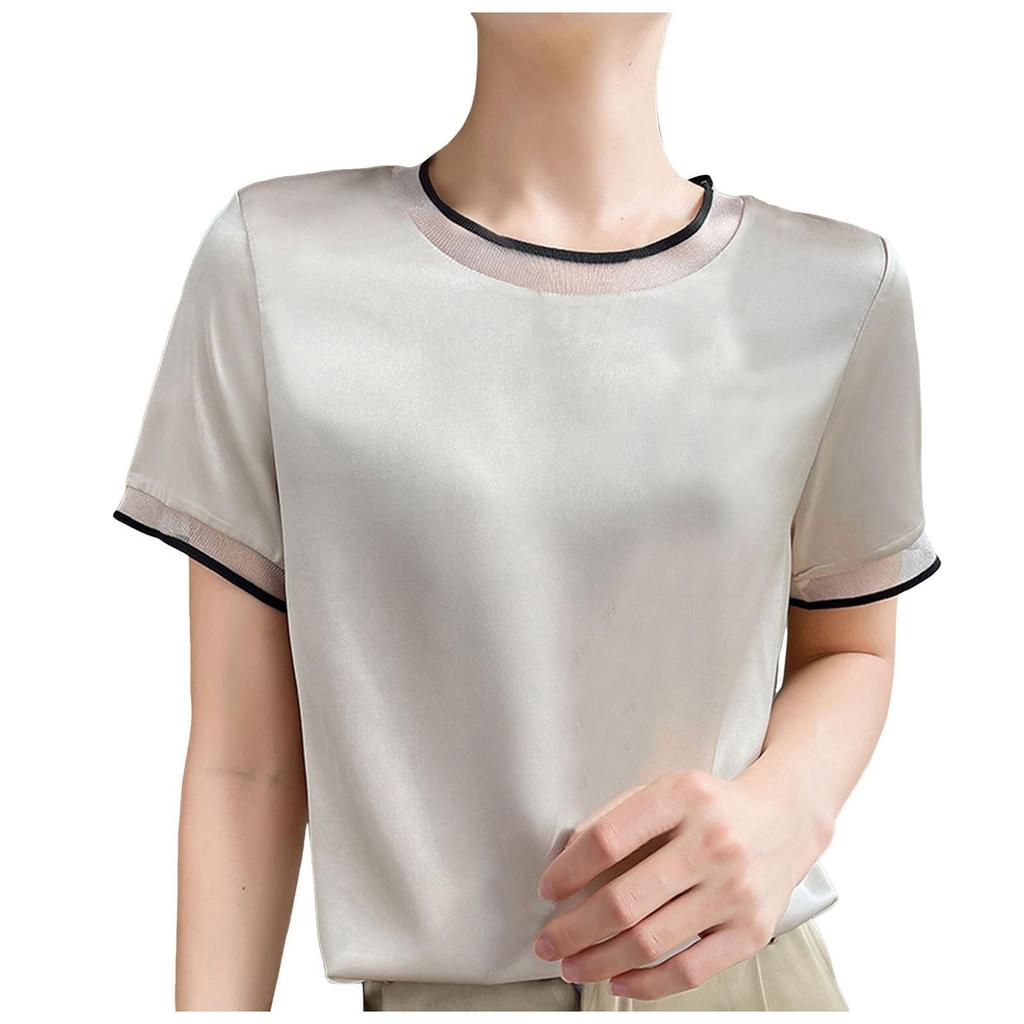 Peach Women Shirt 2026 Summer New Silk Satin Short Sleeve T Shirt Women'S Mesh Solid Color Vest Temperament V Neck Apparel Shirt