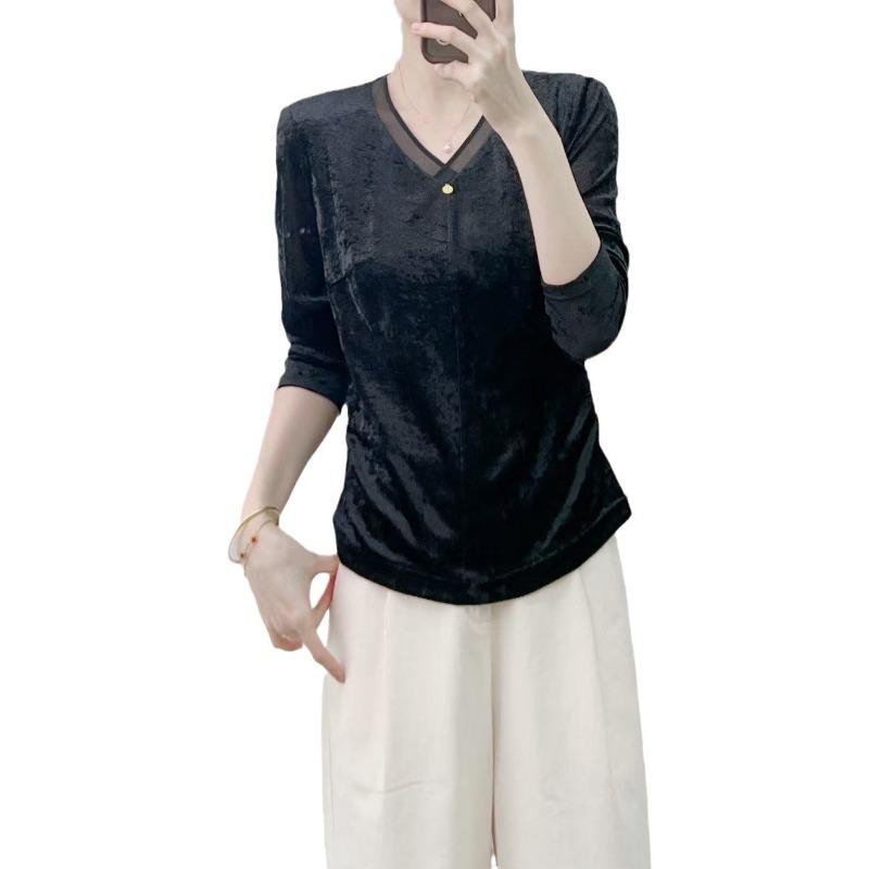 Autumn New Brand Counters Fashion Temperament Velvet V-neck Simple Long Sleeve Velvet Small Shirt