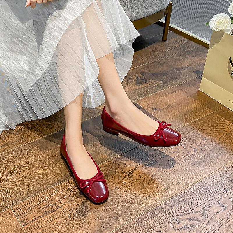 Red Bow Single Shoes Women's Flat Square Heel High Heels Black Shoes Shallow Mouth French Ballet Soft Sole Low Heel Women's Shoes