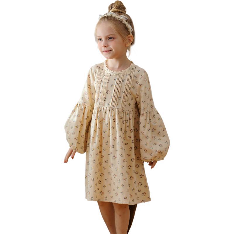 Spring 2026 Korean Forest-Style Floral Print Dress with Pleated Stand Collar, Puff Long Sleeves, and Lace Accents for Girls