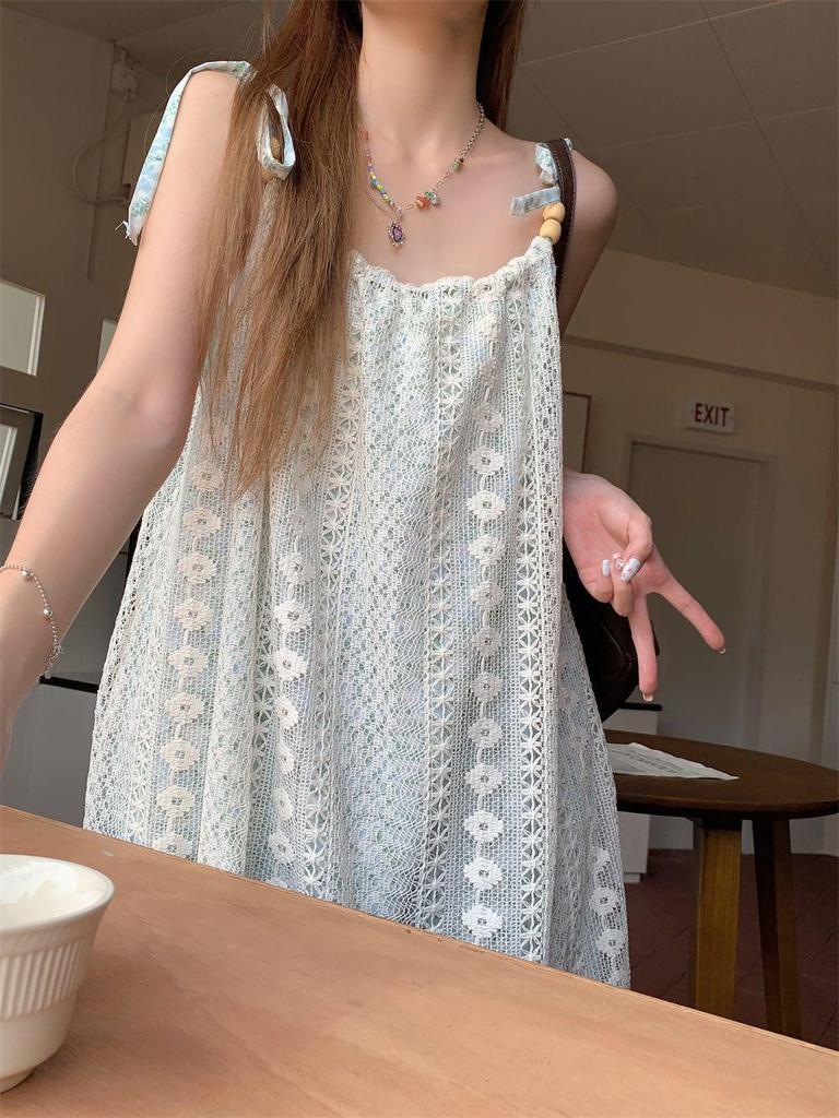 Sweet Retro Floral Lace Tassel Slip Dress for Beach Vacation