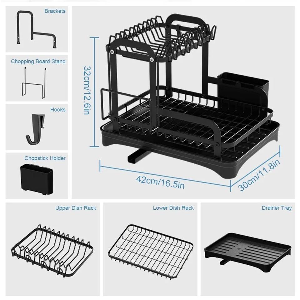 Escurridor de platos de 2 niveles, escurridor de platos para cocina con cesta de drenaje, organizador de vajilla para encimera, escurridor