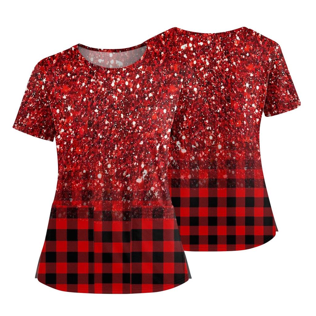 Women's Fashionable Printed Round Neck Pocket Short Sleeved Shirt With Slit Hem Uniform And Worker's Top