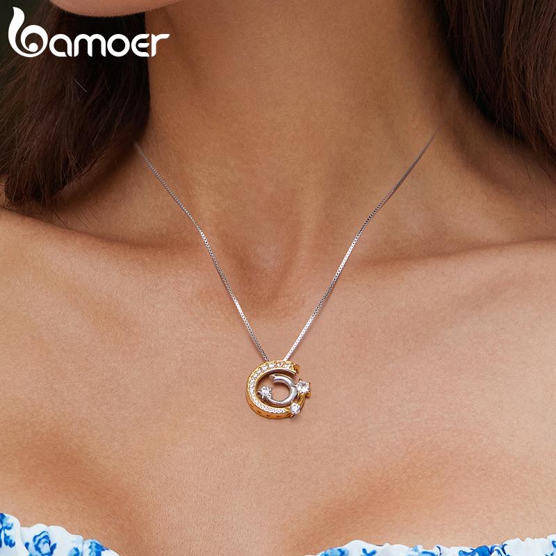 BAMOER 925 Sterling Silver Gold Meteor Pendant Necklace Moon and Star Neck Chain for Women Birthday Gift Fine Jewelry
