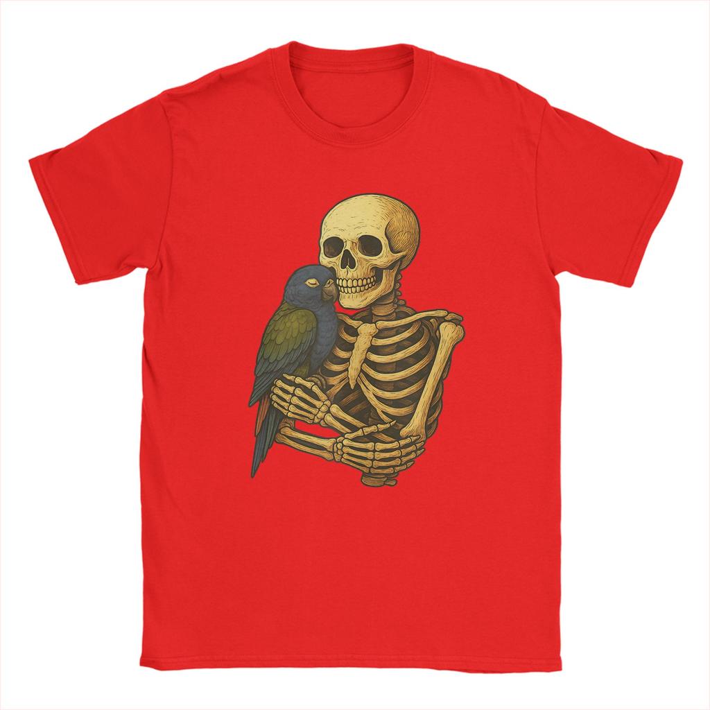Skeleton Hugging Pionus Parrot Funny Halloween T-Shirt Men Vintage Cotton Tees O Neck Short Sleeve T Shirts Plus Size Clothes