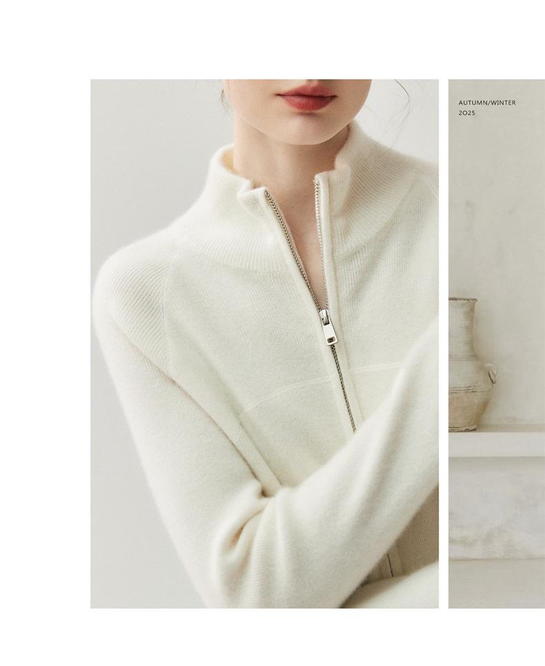 Women's High-Neck Cashmere Cardigan: Thickened Double Zipper Knit for Slimming Fit