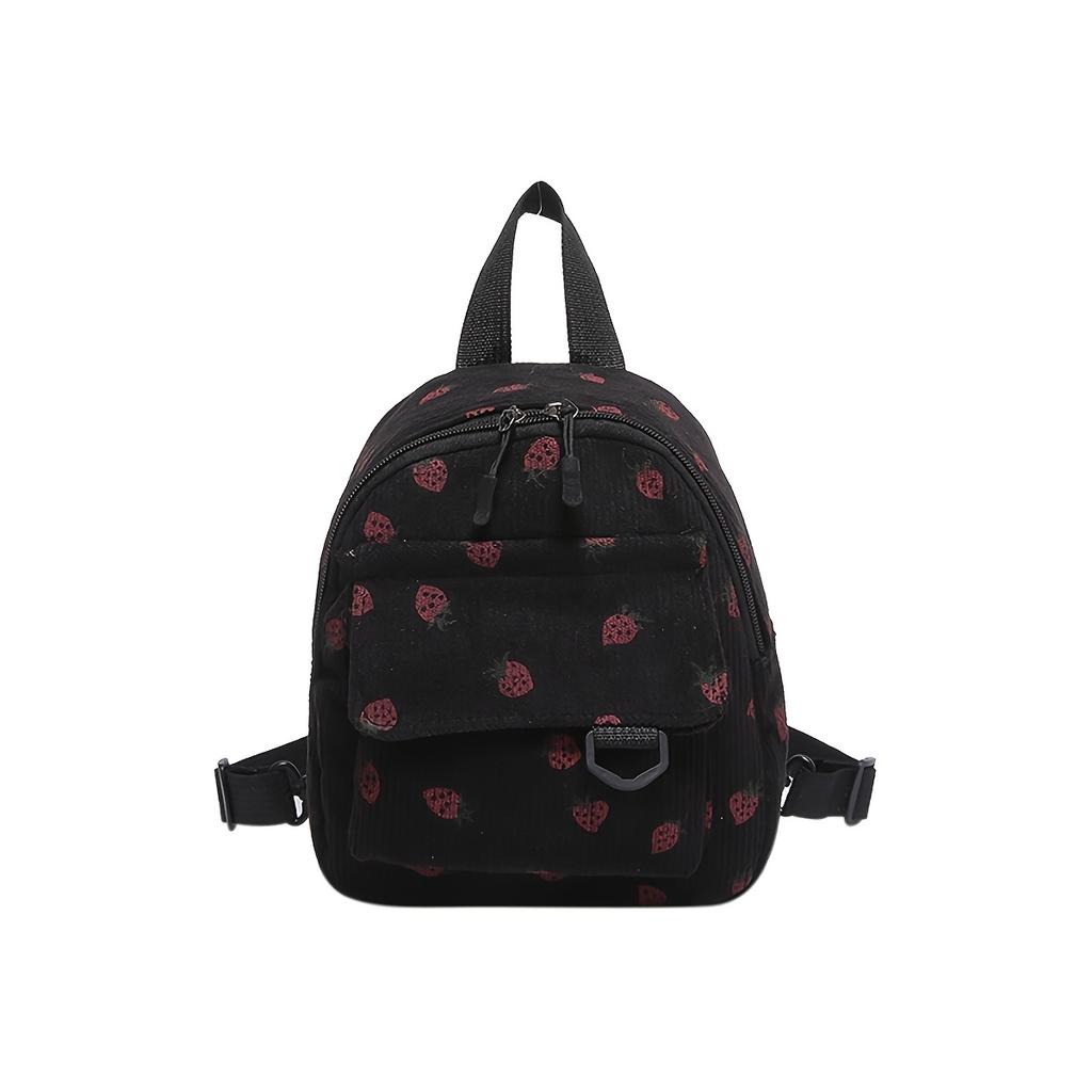 Sac à dos décontracté à la mode - Mini sac à bandoulière double en velours côtelé avec fermeture éclair, poche utilitaire, motif fruits