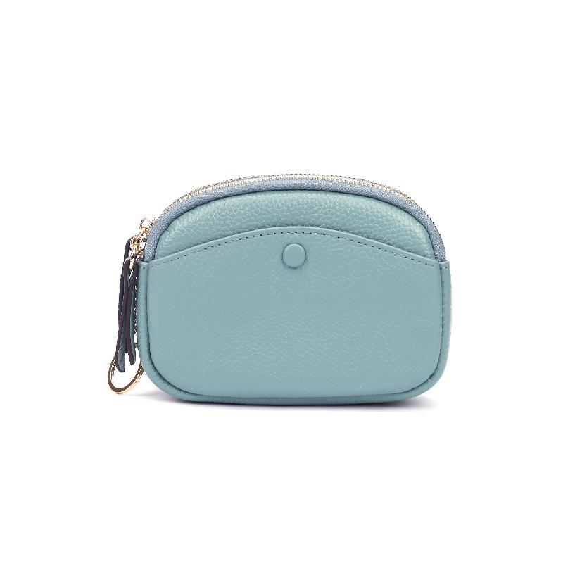 Women's Double Zipper Top Grain Cowhide Wallet: Fashionable Large Capacity Coin Purse with Hook.