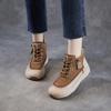 Johnature Echtes Leder Dicksohlige Retro Stiefeletten mit seitlichem Reißverschluss Lässige Schnürschuhe Damen Flache Plateau Schuhe