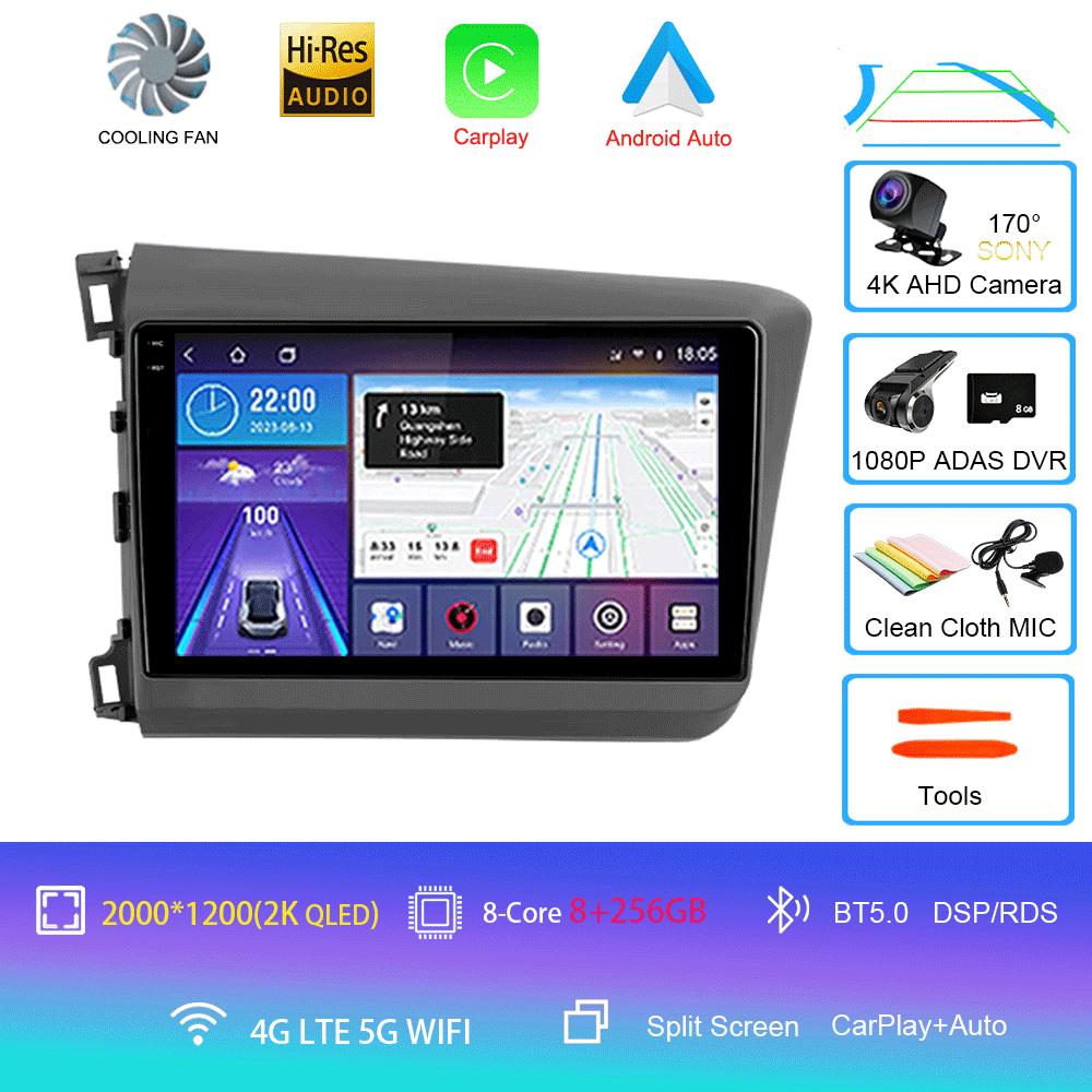 Car Radio Carplay Auto WIFI+4G For Honda Civic 2012 2013 2014 2015 Android 14 Multimedia Player Stereo GPS Head Unit No DVD 2Din