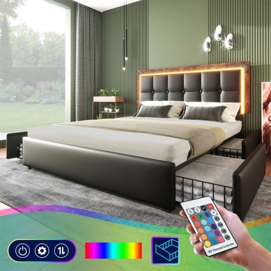 Bed Frame with LED Lighting Bar and 4 Drawers, Double Bed Upholstered Bed 140x200cm, Height-Adjustable Headboard, Functional Bed, Faux Leather Black
