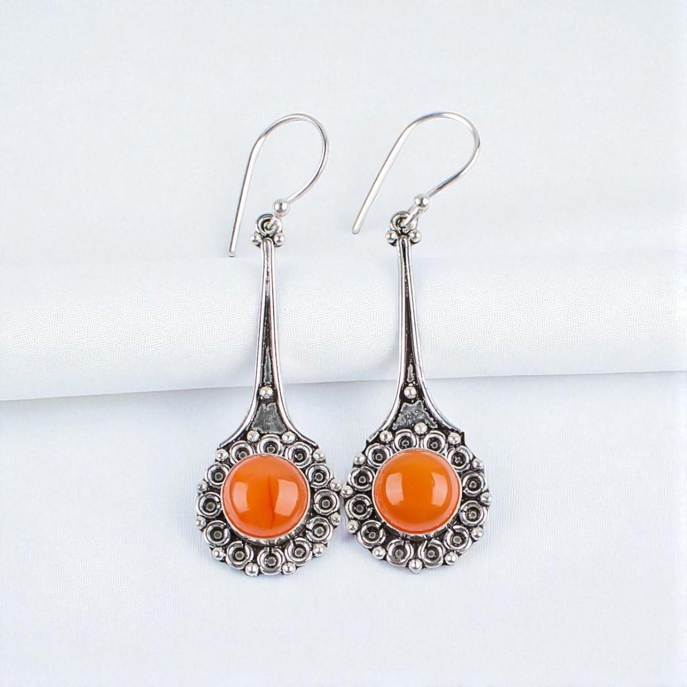 Natural Carnelian Gemstone 925 Sterling Silver Jewelry Handmade Earrings 2.52" EE-77-32