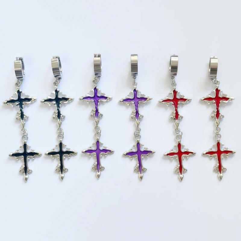 Dark Punk Thorn Cross Earrings & Necklace Set - Stainless Steel, High-End Niche Spicy Girl Style