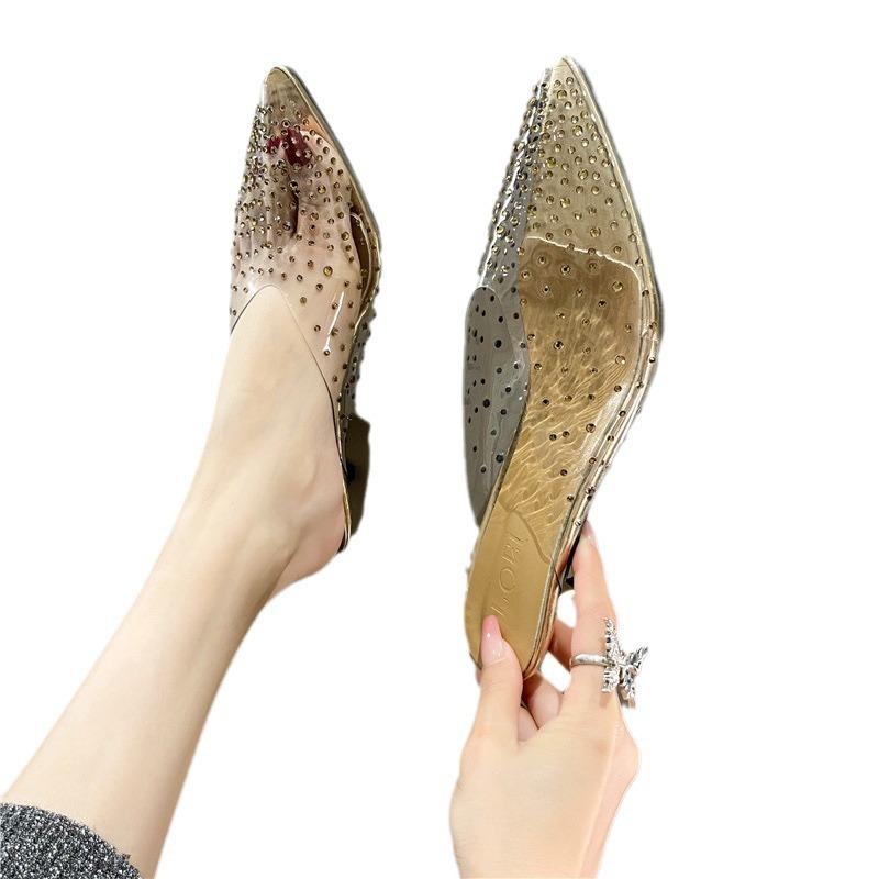 Cool slippers women's summer new transparent high-end pointed head bag head half-drag women's stiletto mid-heel fashion high heels
