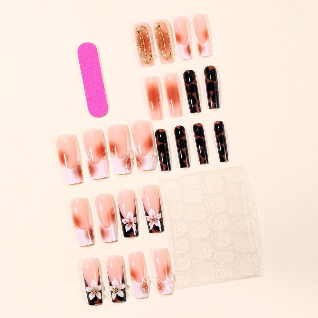 Leopard Print Detachable Wearable Nails with Floral Gilded Tips
