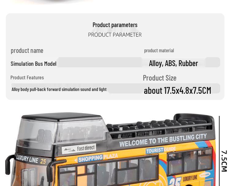 Medium Macau Double-Decker Alloy Sightseeing Bus Model with Lights & Music, Pull-Back Feature