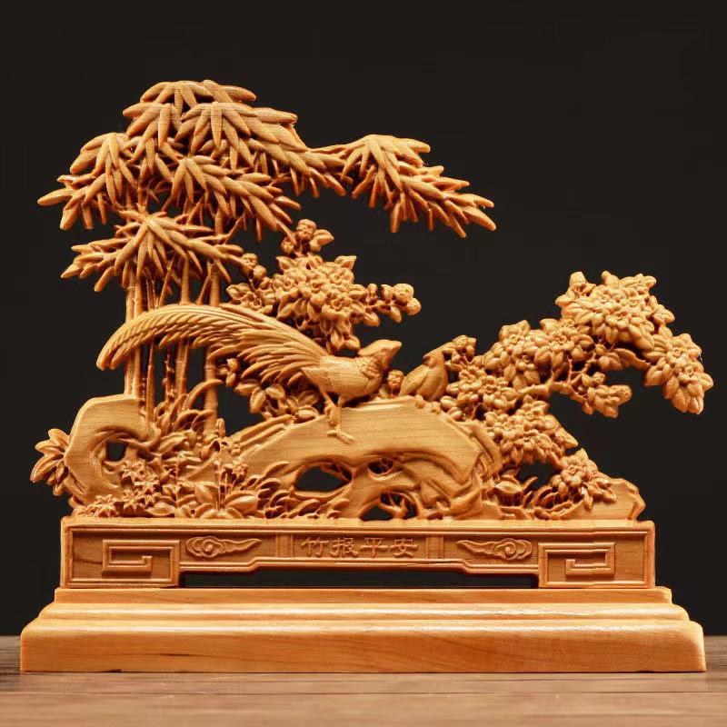 Wooden welcome bird bamboo newspaper safety decoration ornaments Solid wood carving Home living room, desktop decoration artwork